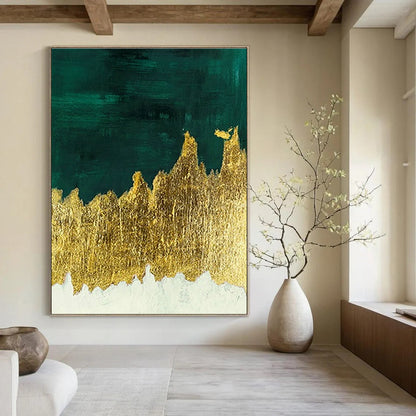 Dark Green & Gold Foil Abstract Art for Luxury Hotel Lobby & Art Deco Home DLZ1342