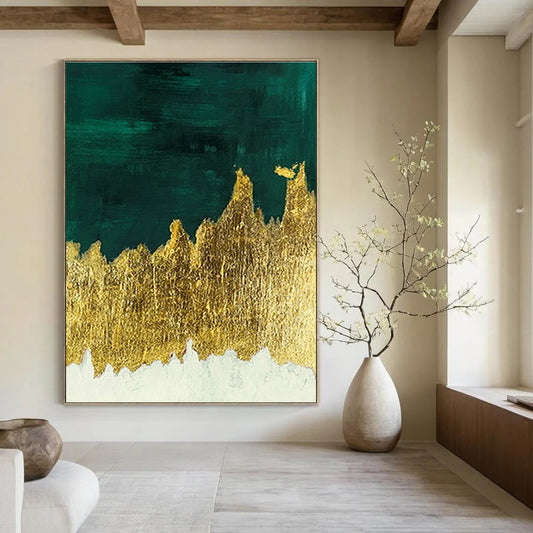 Dark Green & Gold Foil Abstract Art for Luxury Hotel Lobby & Art Deco Home DLZ1342