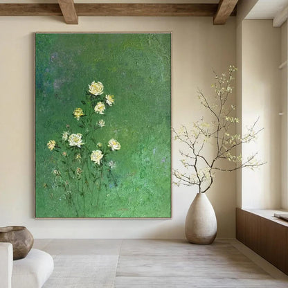 Yellow Flowers on Green Oil Painting for Dining Room & Garden Café DLZ0587
