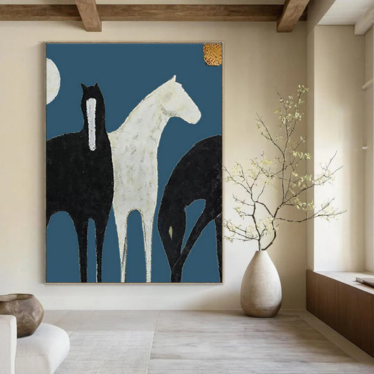 Stylized Horses on Blue Art for Equestrian - Inspired Living Room & Art - Themed Office DLZ2140