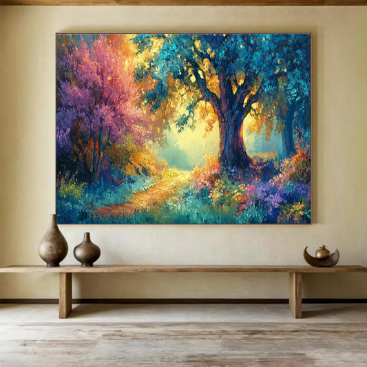 Enchanted Forest Path with Colorful Trees Art for Whimsical Children’s Playrooms DLZ3081