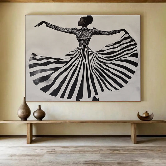 Dancing Figure in Striped Skirt Art for Fashion Boutique & Dance Studio SC426
