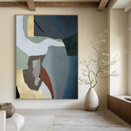 Geometric Abstract Art with Gold, Brown & Blue for Hotel Lobby & Villa Corridor DLZ0563