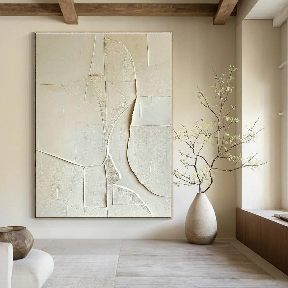 White Geometric Abstract Relief Art for Scandinavian Bedroom & Modern Art Gallery DLZ1321