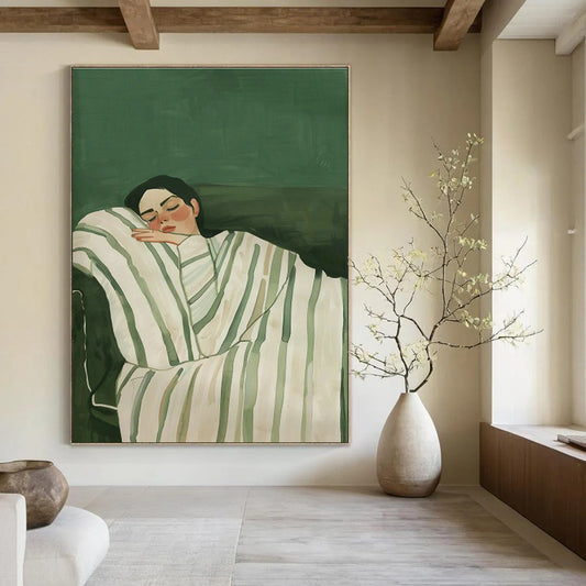 Sleeping Woman on Green Background Art for Feminine Bedroom & Self - Care Space DLZ0686