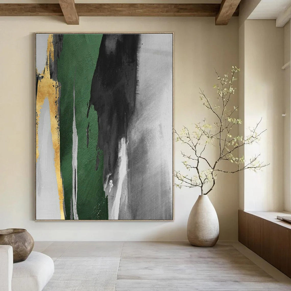 Gold - Green Abstract Strokes Art for Luxury Hotel Lobby & Modern Home Office DLZ1482
