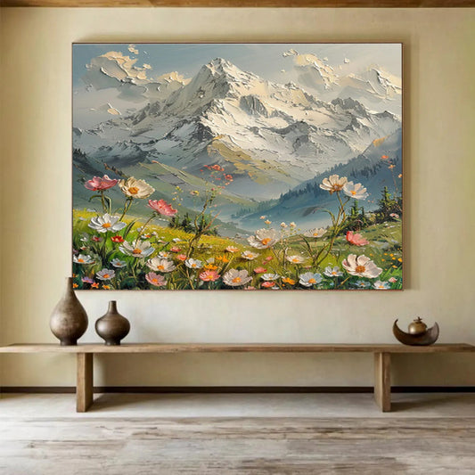 Snowy Mountain & Wildflower Field Art for Inspirational Home Office DLZ3058