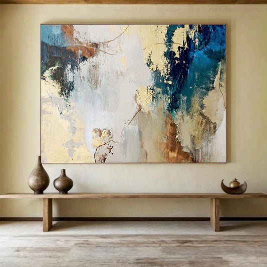 Gold - Blue Abstract Composition Art for Elegant Dining Hall DLZ2896