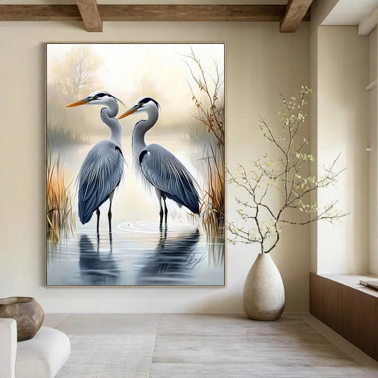 Herons in Mist  Elegant Bird Art for Lakeside Villa Living Room & Nature - Inspired Home Office STSC1450
