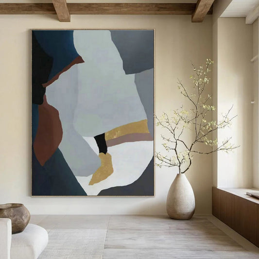 Geometric Abstract Art with Gray, Blue, Gold & Brown for Office Building & Home Entrance DLZ0565