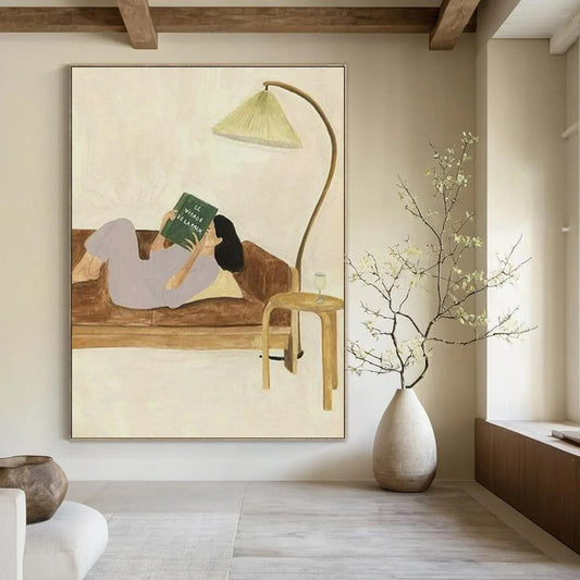 Cozy Reading Moment Art for Bohemian Living Room & Bookstore Café DLZ0910