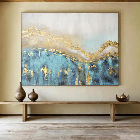 Gold - Accented Blue Landscape Abstract Art for Luxe Hotel Spa Suites DLZ3117