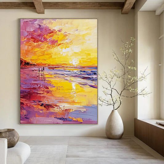 Colorful Beach Sunset with Figures for Coastal Home Living Room & Beachfront Resort Spa STSC157