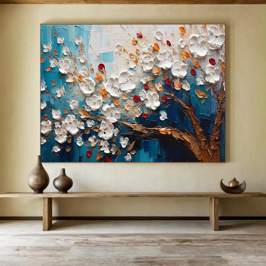 Blue - Background White Flower Tree Art for Coastal Café Outdoor Seating Walls DLZ3272