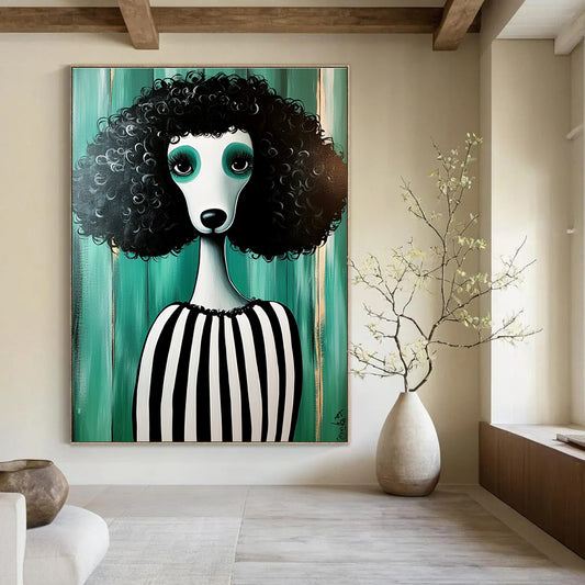 Curly - haired Poodle in Stripes for Quirky Pet Café & Eclectic Home Living Room STSC1000