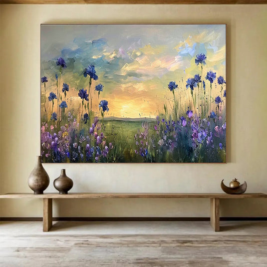 Blue - Purple Flower Field Oil Painting for Countryside Wedding Venue Backdrops DLZ3203