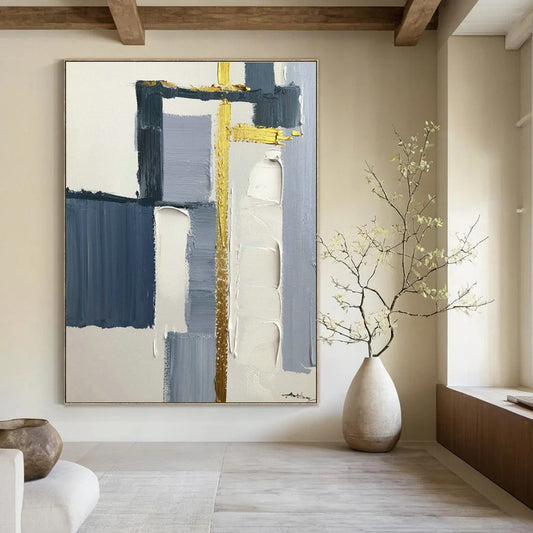Blue, Gray & Gold Abstract Art for Coastal Home Living Room & High - End Office Waiting Area DLZ0825