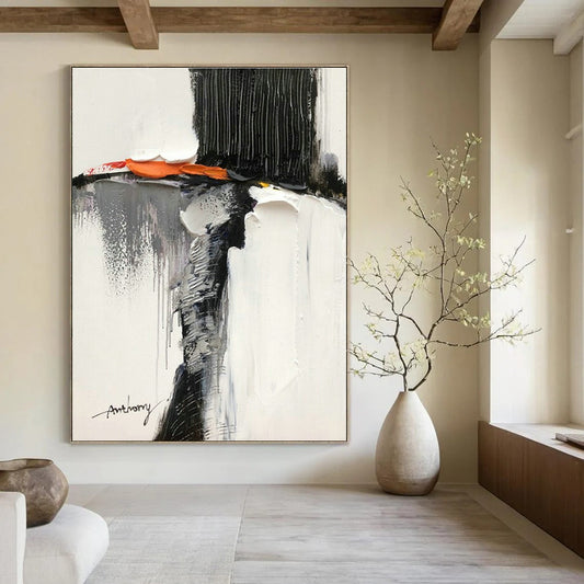 Black - White - Orange Abstract Art for Art Gallery Pop - Up & Trendy Restaurant Dining Area DLZ1673