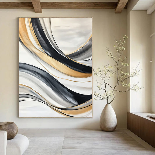 Flowing Gold & Black Abstract Art for Living Room & Luxury Spa STSC739