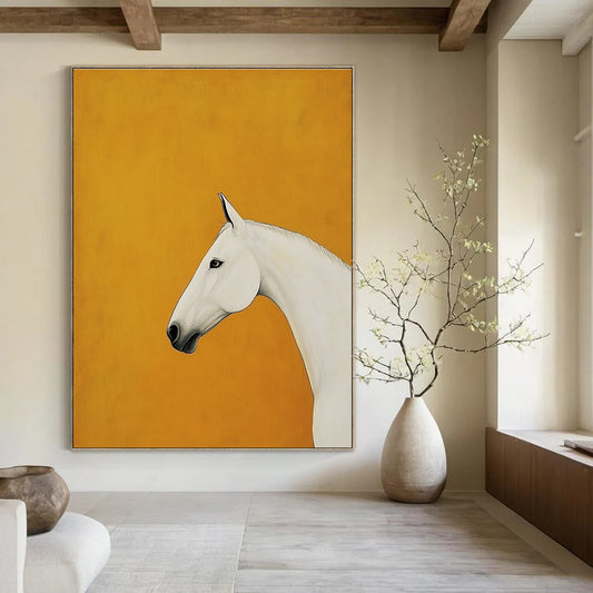 White Horse on Orange Background Art for Equestrian - Themed Home & Luxury Hotel Lobby STSC1348