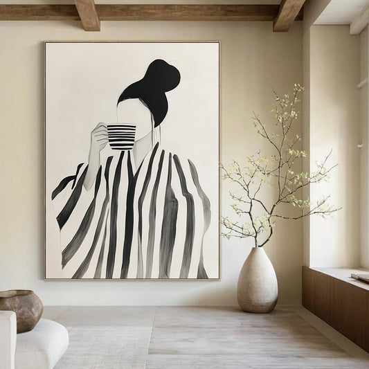 Woman with Striped Robe and Cup Art for Fashion - Forward Boutique & Cozy Reading Nook STSC1344