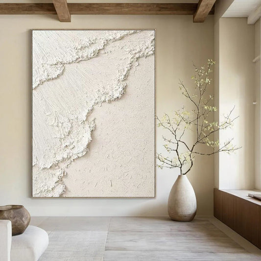 White Textured Plaster - like Art for Minimalist Bedroom & Contemporary Wellness Space DLZ2192