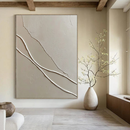 Minimalist White Lines on Beige for Scandinavian - Style Living Room & Contemporary Art Gallery STSC941