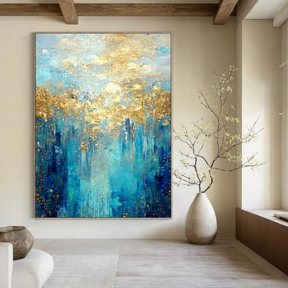 Gold - Blue Forest - Inspired Abstract Art for Luxury Lakeside Villa & Upscale Art Lounge DLZ1912