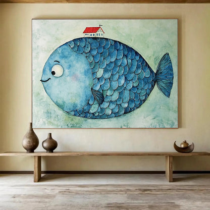Fish with House Art for Nautical - Themed Children’s Room & Coastal Café SC478