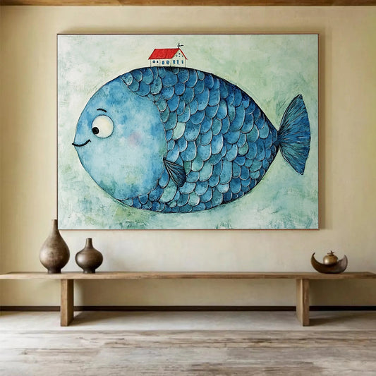 Fish with House Art for Nautical - Themed Children’s Room & Coastal Café SC478