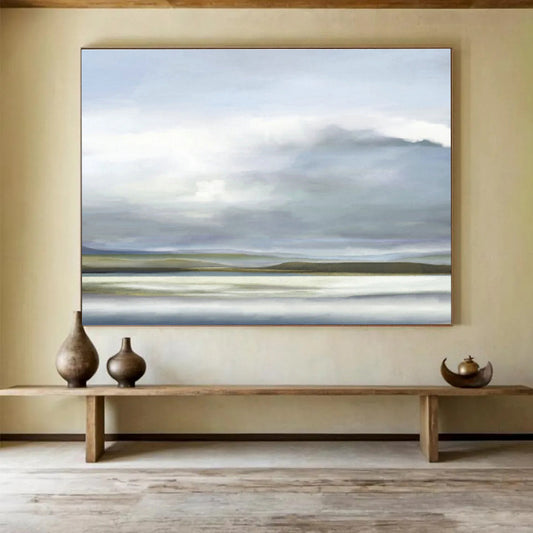 Grey - Blue Lakeside Painting for Serene Living Room DLZ2744
