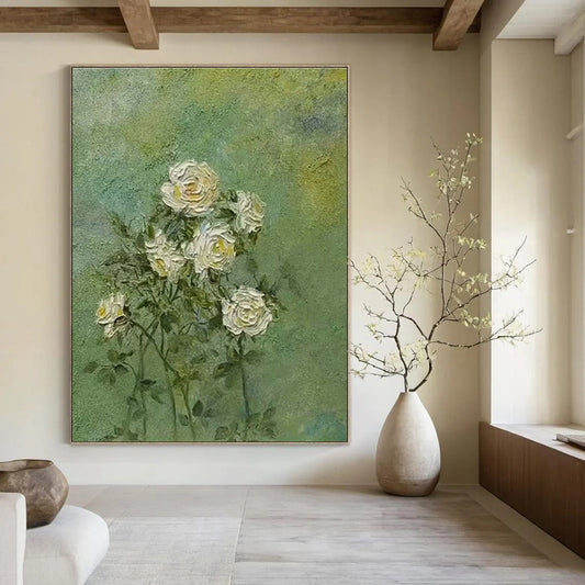 Textured White Roses on Green Art for Garden Cottage & Florist Shop DLZ0605