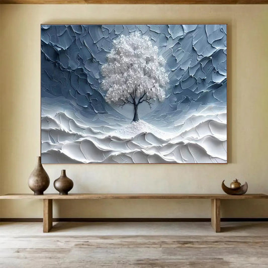 Textured Silver Tree Art for Minimalist Home Meditation Corner Walls DLZ3213