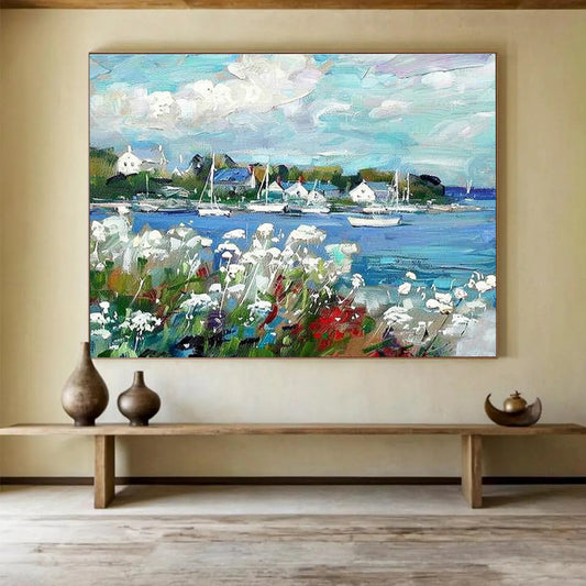Coastal Town Landscape Art for Nautical - Themed Dining Area DLZ2834