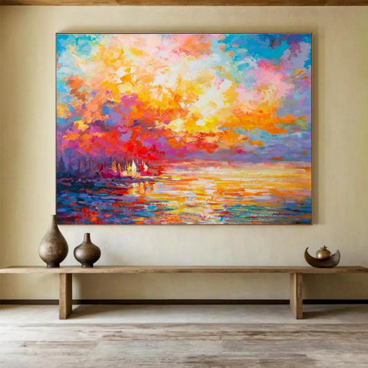 Vivid Sunset Lake View Abstract Art for Cozy Living Room DLZ2793