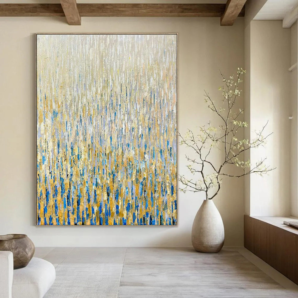 Gold - Blue Rain Abstract Art for Luxury Hotel Lobby Sides & Rooftop Bar Ambiance Walls DLZ0295