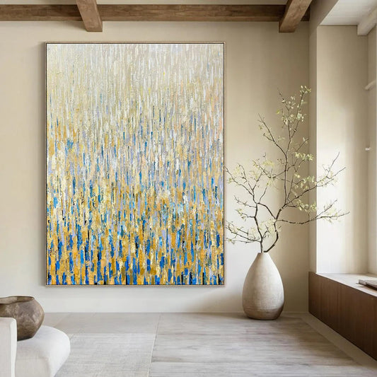 Gold - Blue Rain Abstract Art for Luxury Hotel Lobby Sides & Rooftop Bar Ambiance Walls DLZ0295