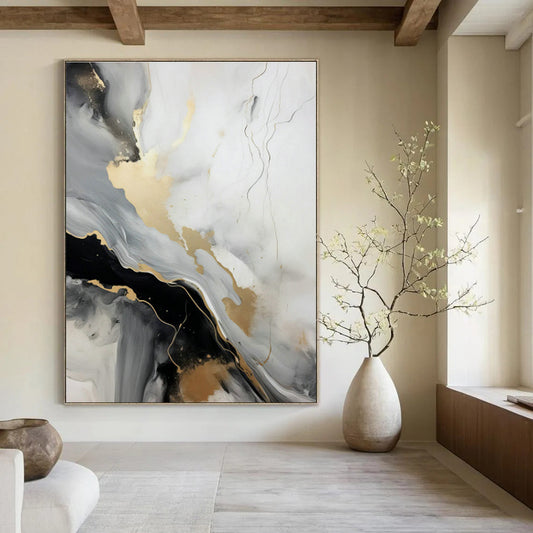 Gold - Gray Ink Abstract Art for Luxury Penthouse & High - End Boutique DLZ0728
