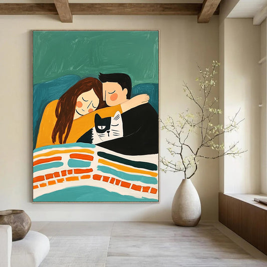 Cozy Couple and Cat for Family - Oriented Living Room & Pet - Lover’s Café STSC974