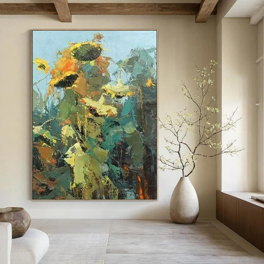 Impressionistic Sunflower Landscape Oil Painting for Countryside Café & Rustic Home Dining Room DLZ1611