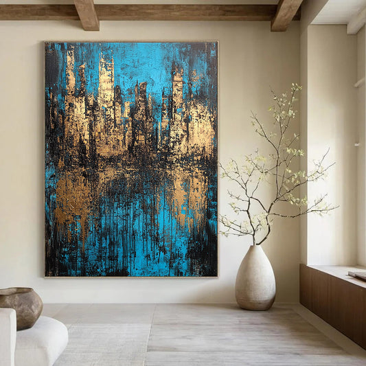 Blue and Gold Cityscape Abstract for Luxury Hotel Lobby & Architect’s Studio STSC152