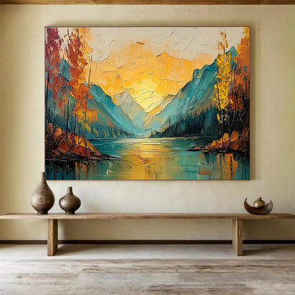 Textured Mountain & Lake Sunset Art for Adventure Lodge Communal Spaces DLZ3245