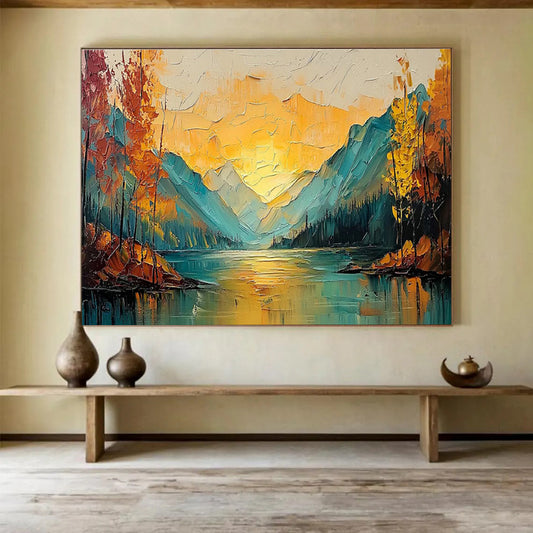 Textured Mountain & Lake Sunset Art for Adventure Lodge Communal Spaces DLZ3245