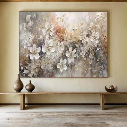 White - Gold Floral Oil Painting for Elegant Bedroom Wall Decor DLZ2643