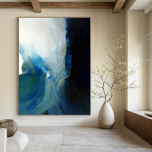 Blue - White Ink Wash Abstract Art for Contemporary Art Gallery Hallway & Minimalist Home Office DLZ0919