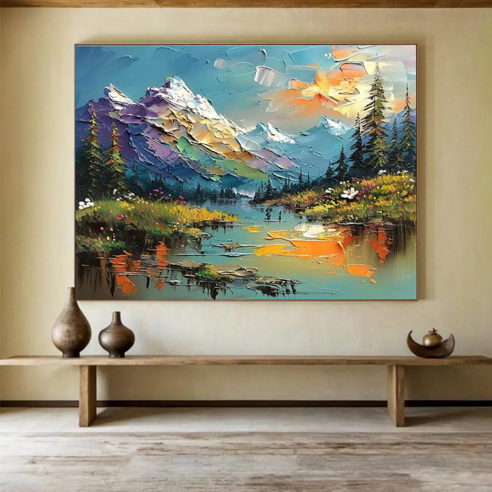 Mountain Lake Palette Knife Art for Adventure - Themed Hotel Lobby Displays DLZ3210