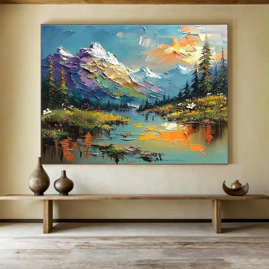 Mountain Lake Palette Knife Art for Adventure - Themed Hotel Lobby Displays DLZ3210