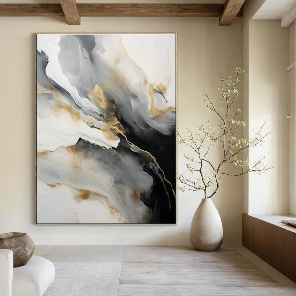 Gold - Gray Ink Abstract Art for Modern Art Lounge & Sophisticated Hotel Lobby DLZ0729