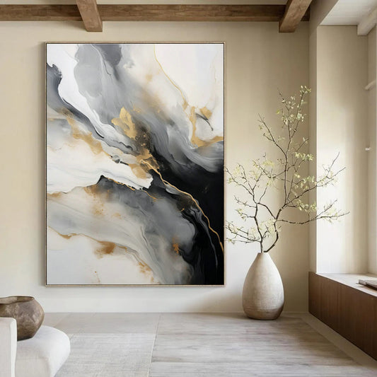 Gold - Gray Ink Abstract Art for Modern Art Lounge & Sophisticated Hotel Lobby DLZ0729