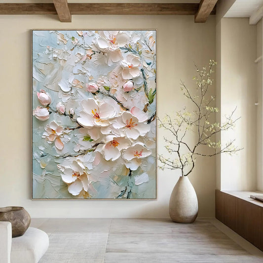 Textured White Flowers on Light Blue Art for Coastal Home Living Area & Spa - Like Bathroom STSC1364